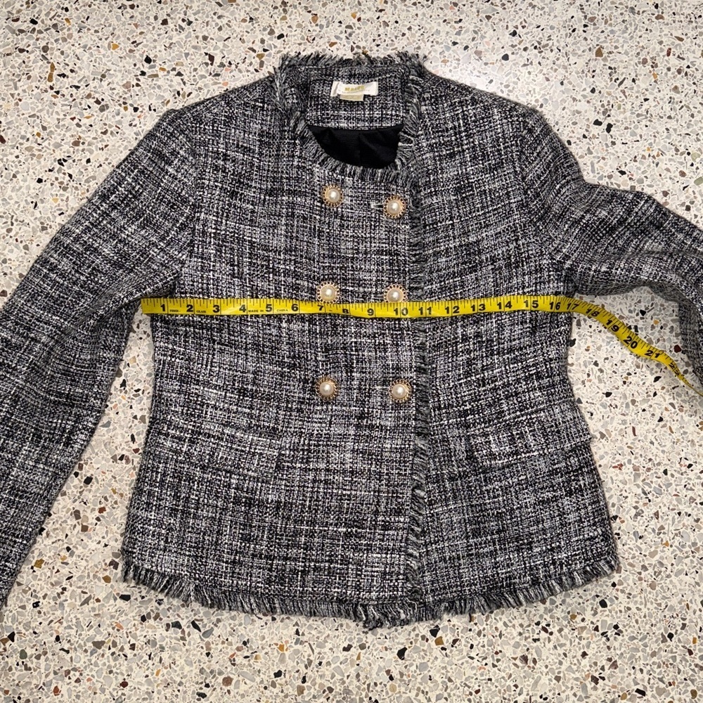 Maeve Anthropologie black white tweed jacket pearl button 2 - Picture 9 of 10